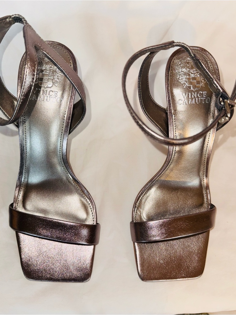 Vince Camuto Metallic Bronze Square-Toe Ankle-Strap Heels